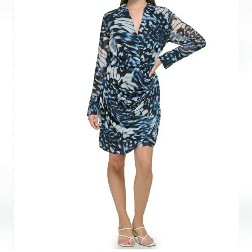 NWT Calvin Klein Sheer Long Sleeve Printed Chiffon Twist Front Dress